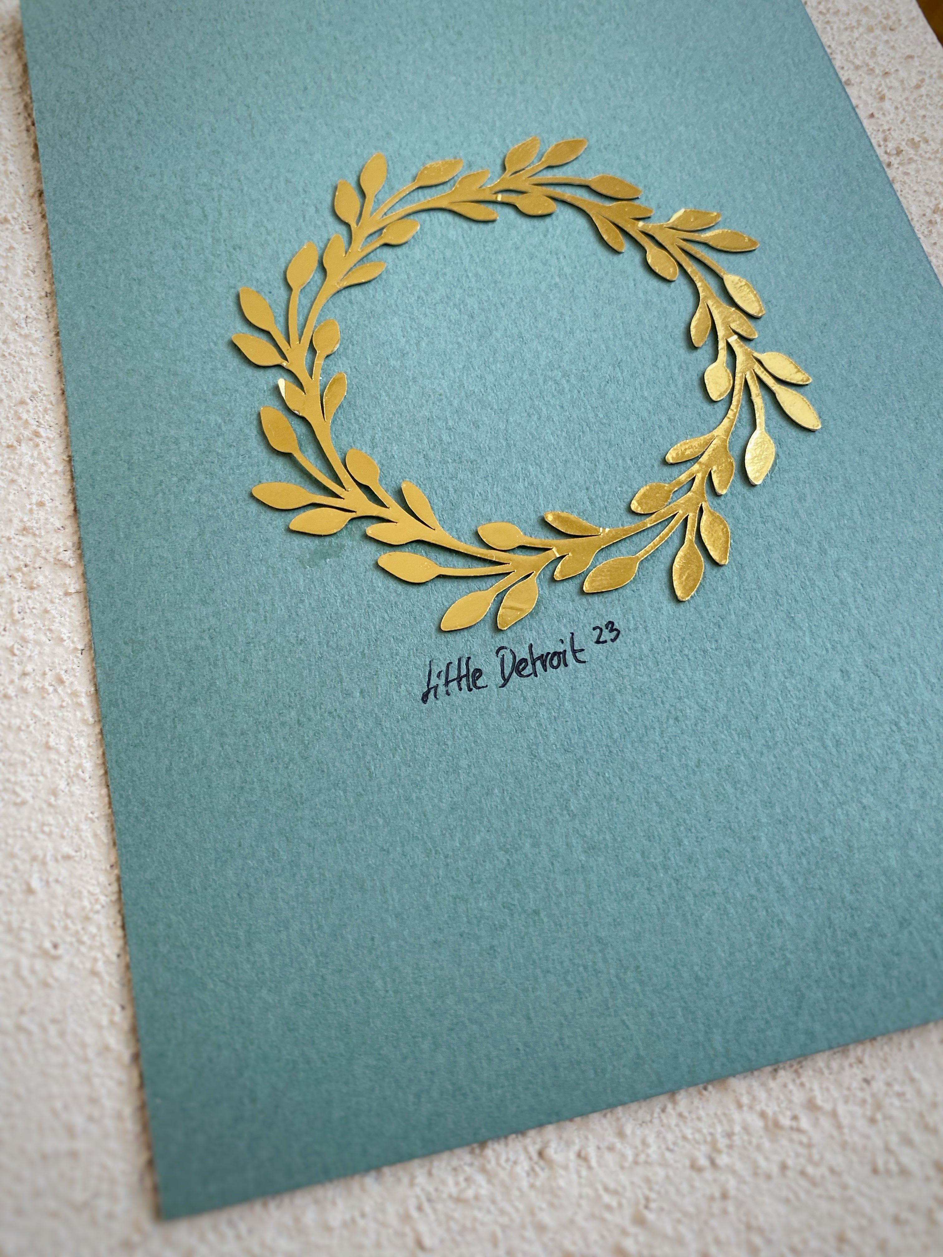 A6 julekort ‘krans’ guld/støvet grøn
