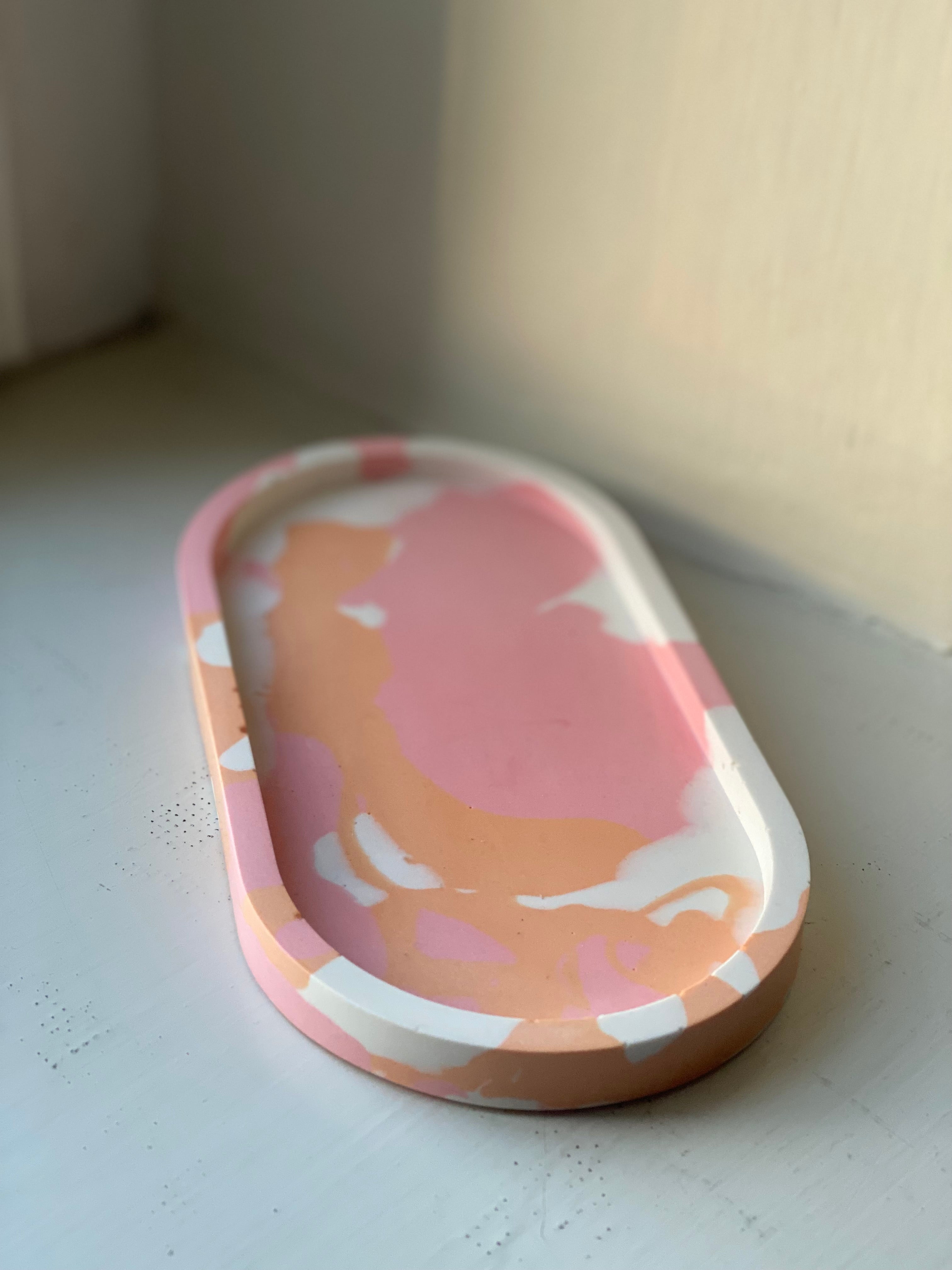 Oval smykkeskål lyserød/orange/hvid