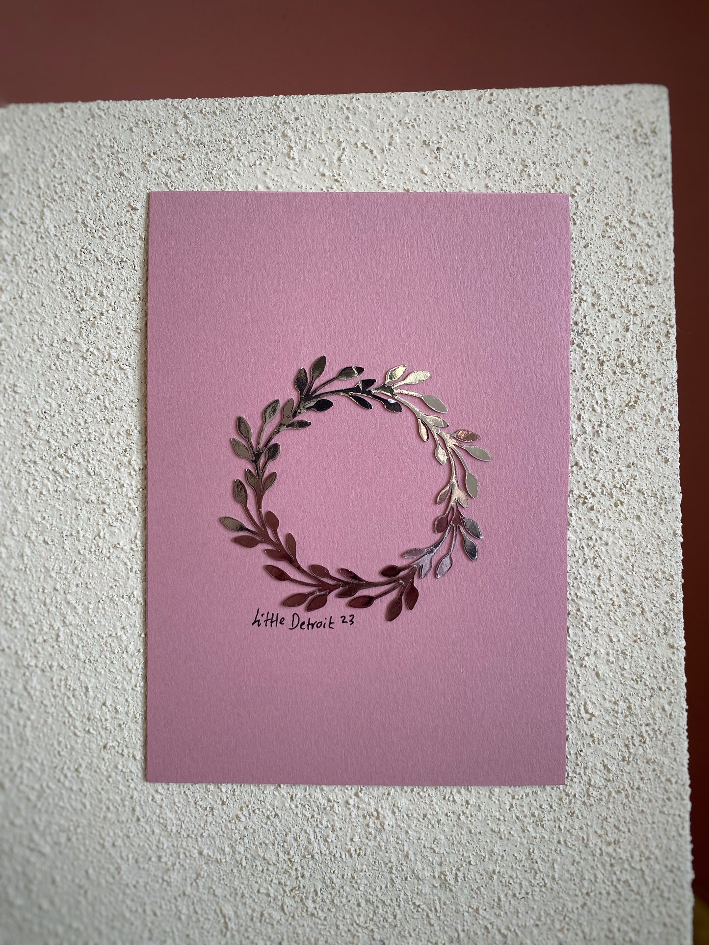 A6 Christmas card 'wreath' silver/old pink