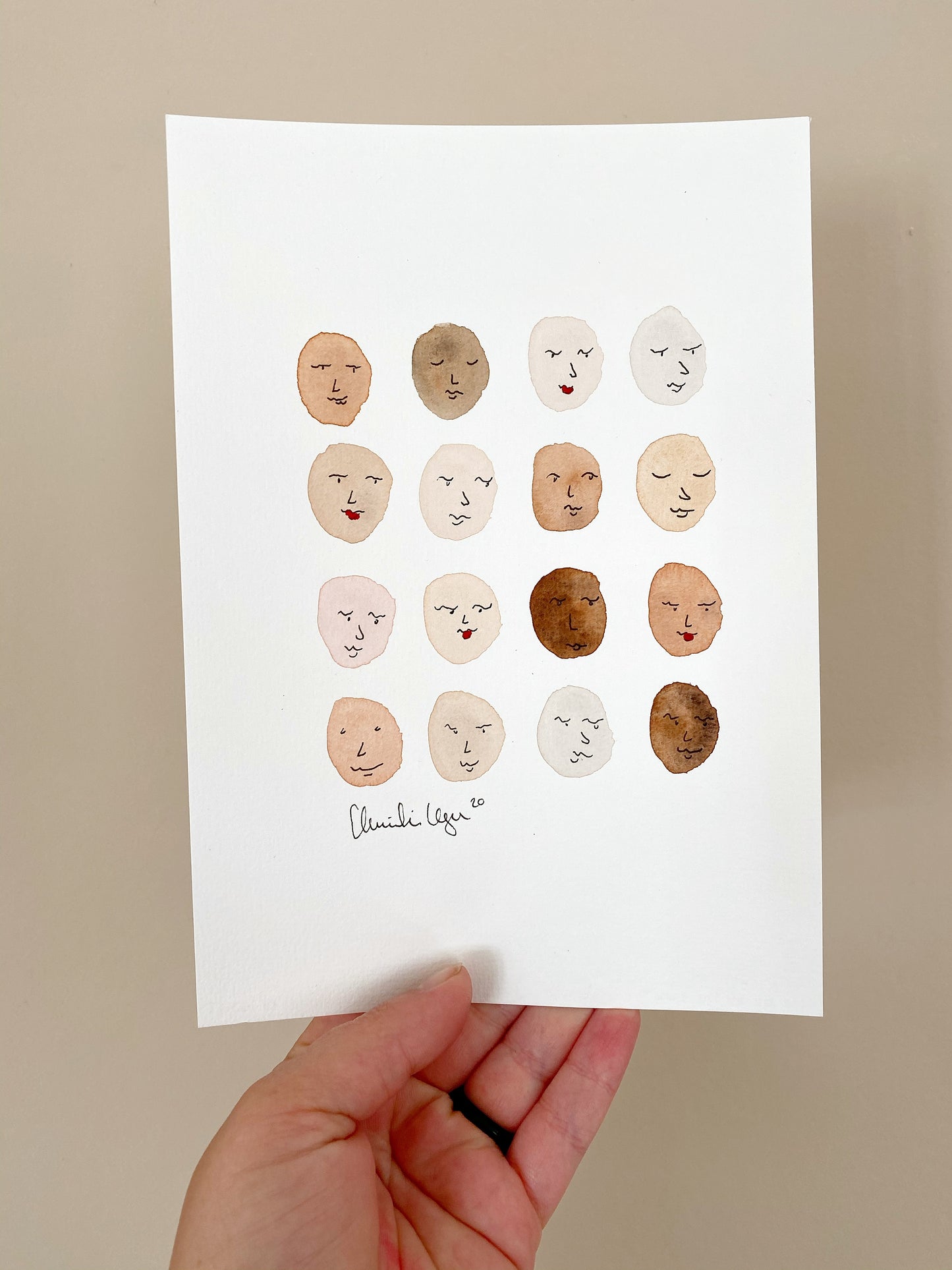 A5 watercolor 'we are all the same' with kissing mouth